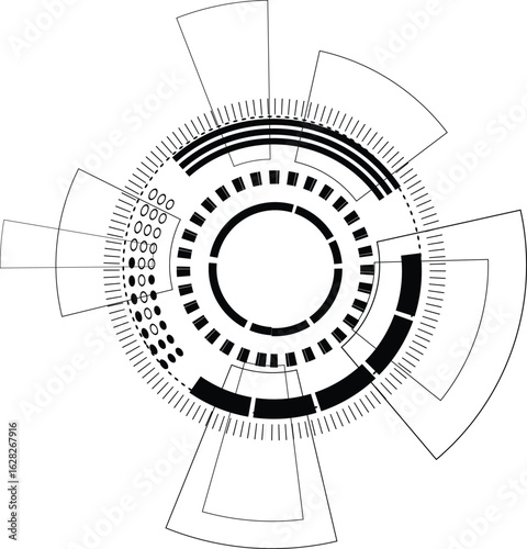 A circular, tech-inspired design features concentric rings and segmented shapes.
