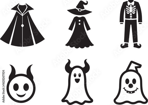 Spooky Halloween costumes and characters in bold black and white style