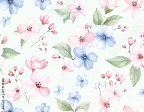 Wallpaper Mural Watercolor floral pattern featuring pink and blue blossoms with green leaves, soft background. Torontodigital.ca