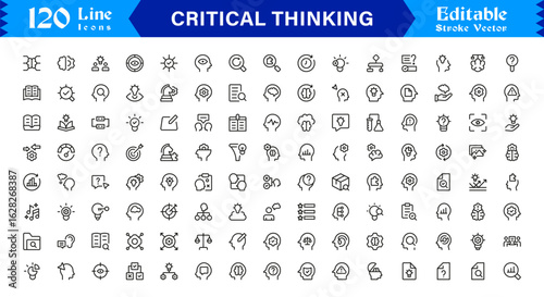 Critical Thinking Icon Set Featuring Brainstorming, Problem Solving, Logic, and Analysis Symbols in Vector Style