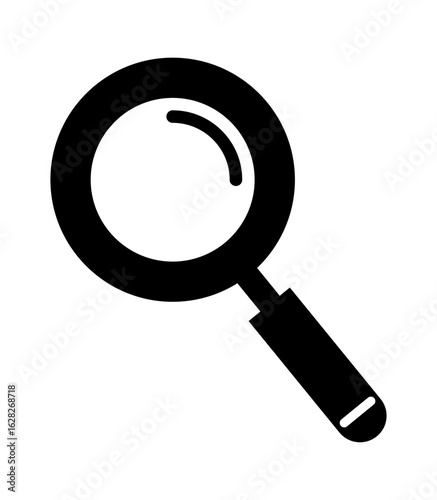 A sleek black magnifying glass icon, symbolizing search and exploration.