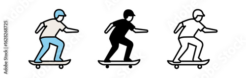 Dynamic skateboarder in motion, showcasing skill and style with three variations of design.
