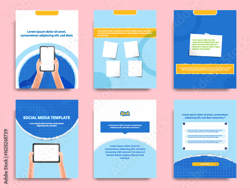 blue social media tutorial, tips, trick, did you know post banner layout template set with torn and sticky paper note clips design element