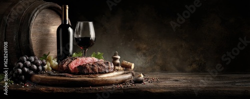 Seared steak with wine and grapes on a rustic wooden surface