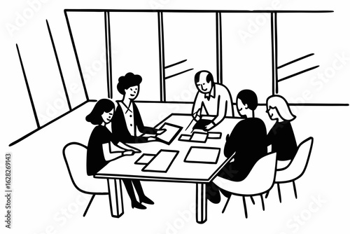 Business team talking at table in meeting room, discussing work assignment, team collaboration in modern office workspace, sharing ideas to brainstorm. Stakeholders planning cooperation, marketing str