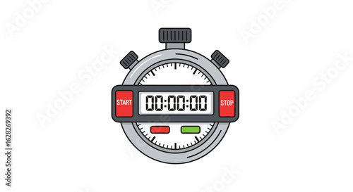 Cartoon illustration of a stopwatch with a digital display reading zero time