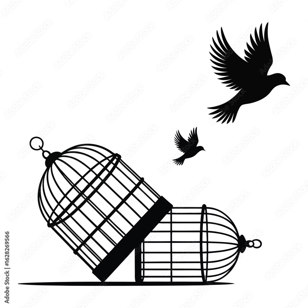 Fototapeta premium Two open birdcages with birds flying freely into the sky symbolizing freedom and escape