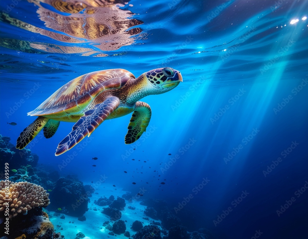 Fototapeta premium Sea Turtle Swimming Gracefully in Tropical Blue Ocean