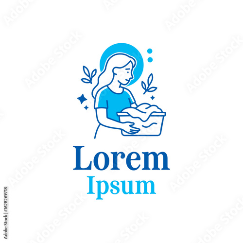 Modern laundry service logo with mother icon, blue clean theme, and sparkles. Perfect for pickup & delivery laundry, home care, dry cleaning, or household washing service branding