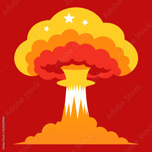 Dramatic burst of power, a stylized explosion with star accents in bold colors for impact, strength