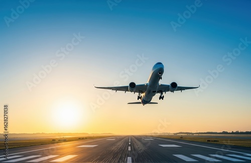 Passenger airplane takes off during winter holiday travel season from runway at sunrise, symbolizing new beginnings and festive journeys