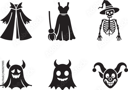 Spooky Halloween icons featuring ghosts, skeletons, witch costume elements