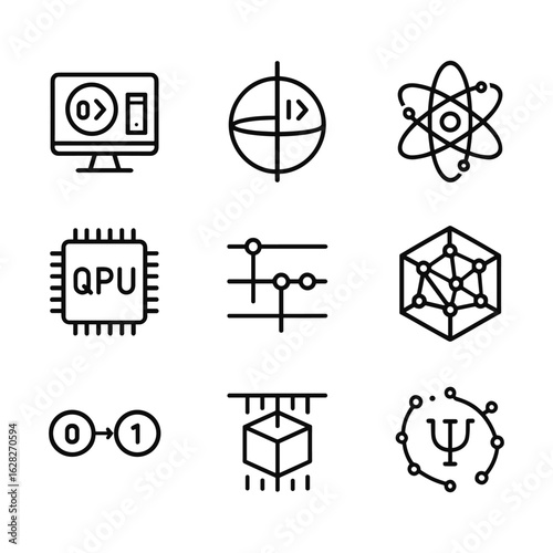 Scientific quantum computing icons. Outline symbols. Line design