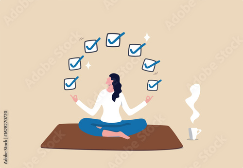 Work focus, concentration to complete tasks, efficiency or productivity success, multitasking, organize or planning to finish work concept, businesswoman meditate focus on work completed checkbox.