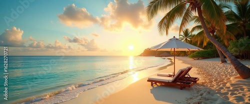 Fototapeta Naklejka Na Ścianę i Meble -  Summer paradise on a tropical beach with palm trees, loungers, and umbrellas. evoking luxury, relaxation, and the perfect concept for travel campaigns and dream holiday promotions.