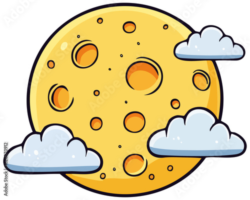 Cartoon illustration of a full moon with clouds, isolated 