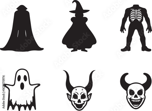 Spooky Halloween characters like ghost, devil and witch in black silhouette