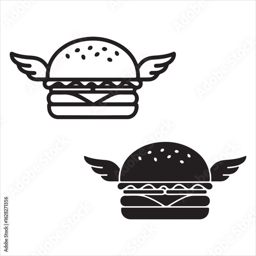 Burger with wings symbol in outline and solid styles