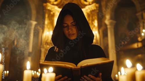 Mystical female figure in black robe performing a ritual or prayer in a glowing, sacred space