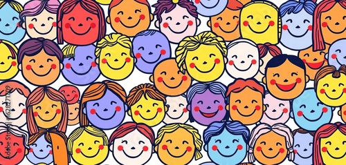 Whimsical hand-drawn seamless pattern of diverse smiling faces in vibrant colors,  notepad,  vector