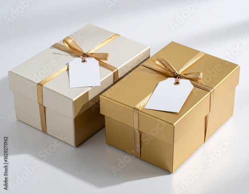 Wallpaper Mural Two gift boxes, cream and gold, tied with ribbons and tags, resting on a light surface. Torontodigital.ca