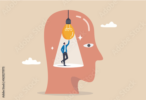 Intelligence thinking, wisdom or intuition in genius brain, creative mindset or emotional intelligence, smart thinking or psychology concept, smart man turn on lightbulb idea inside his genius head.
