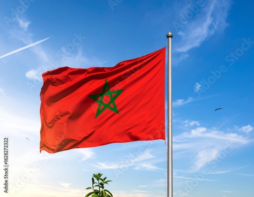 Wallpaper Mural The Moroccan flag waving against a bright blue sky with scattered clouds. Torontodigital.ca