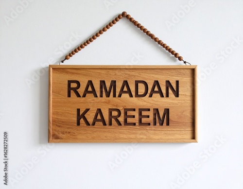 Wallpaper Mural A wooden sign with the words "Ramadan Kareem" carved into it, hanging from a beaded string against a white wall. Torontodigital.ca