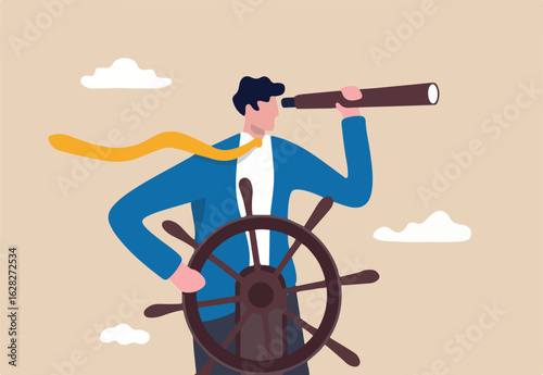 Business leadership and visionary to lead company success, career direction or work achievement concept, smart businessman boat captain control steering wheel helm with telescope vision.
