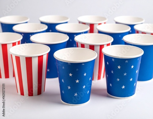 Wallpaper Mural Group of paper cups with patriotic designs, some with red and white stripes, others with blue and white stars. Torontodigital.ca