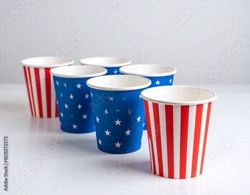 Wallpaper Mural Six disposable paper cups, patterned with American flag colors and designs, arranged on a white surface. Torontodigital.ca