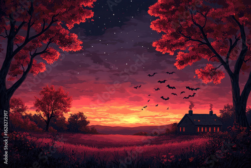 Bats flying above house at sunset.