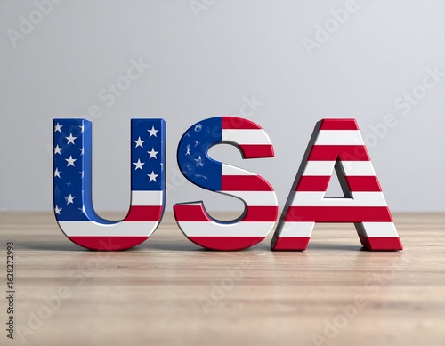 Wallpaper Mural 3D rendered letters USA, decorated with the American flag design, on a light wooden surface. Torontodigital.ca