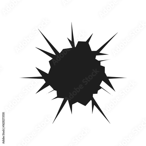 Black abstract jagged hole graphic with sharp pointed edges on a white background broken