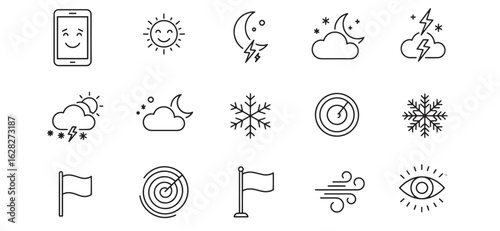 Illustrated weather forecast icons depicting various conditions and meteorological events simply
