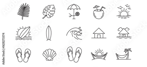 Minimalistic summer vacation elements collection in simple black and white outlined illustrations