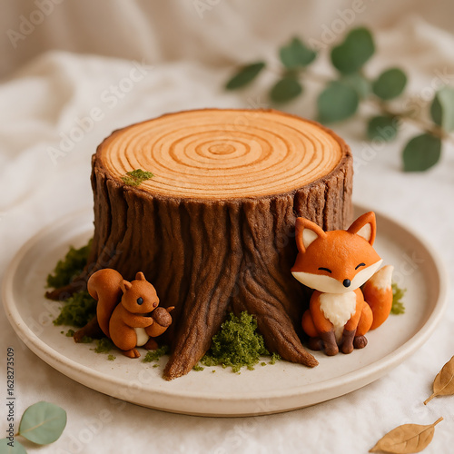 Tree Stump Cake with Fox and Squirrel Decorations