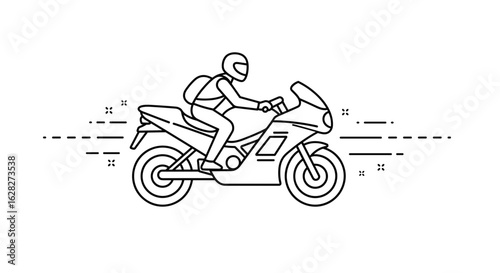 Motorcyclist riding sport bike at speed in line art illustration