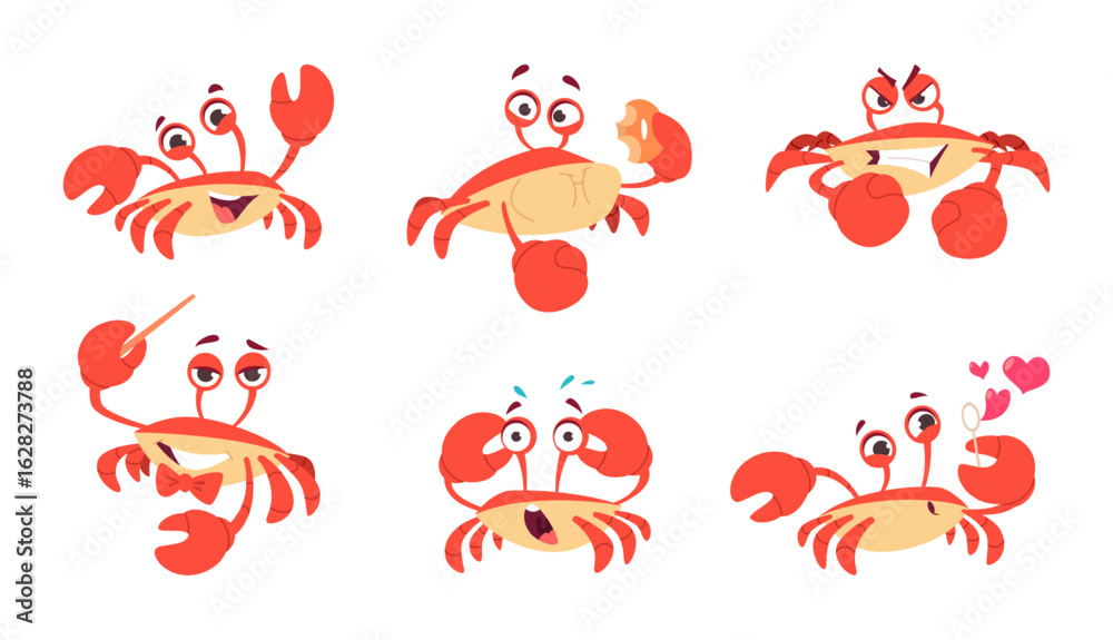 Obraz premium Crab. Funny cartoon underwater ocean animal exact vector pictures set