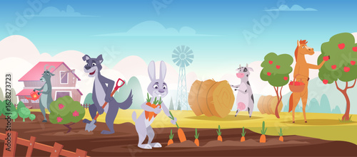 Gardening animals. Cartoon background with wild working animals harvesting fruits and vegetables exact vector template