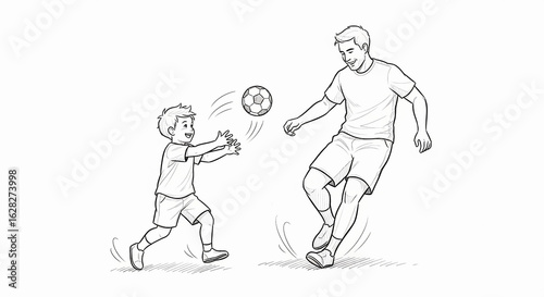 Wallpaper Mural Father and son playing football, line art style drawing, white background Torontodigital.ca