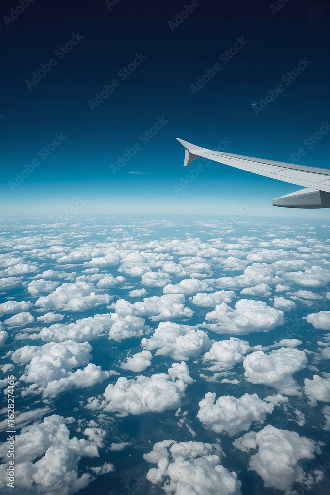 Fototapeta premium Airplane Wing Above Clouds Flying High in Blue Sky