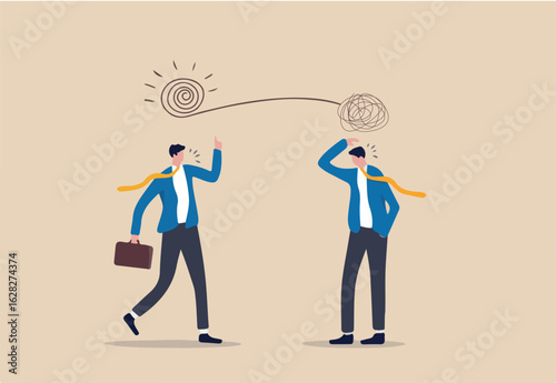 Proactive and reactive thinking, chaos and order theory or simplify idea to solve difficulty problems concept, businessmen discussing work using creativity solving messy line into light bulb idea.