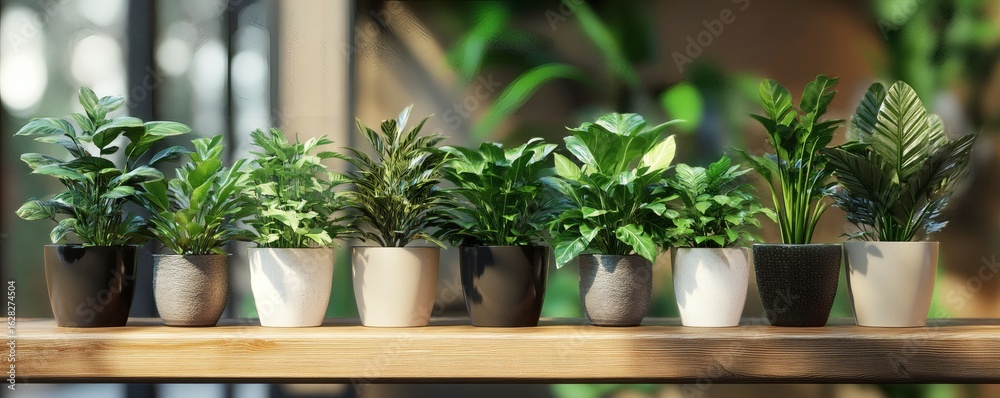 Variety of houseplants in different colored pots. Variety of houseplants in different colored pots.