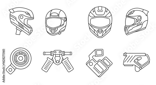  Motorcycle helmets and parts illustration in black and white outline