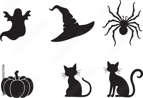 Spooky Halloween silhouettes including cats, pumpkin, ghost, spider