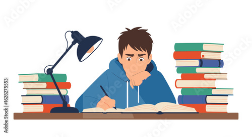 Student struggling with homework, overwhelmed by books and studying late at night