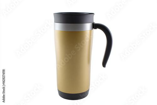 a gold and black coffee mug on a white background