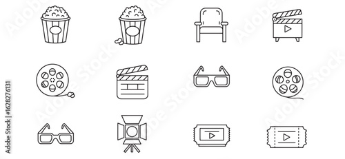 Minimalist icon set illustrating cinema elements and symbols for movie night entertainment