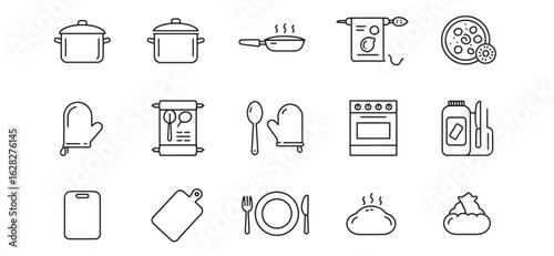 Minimalist kitchen and cooking icons featuring cookware, food, and kitchen utensils